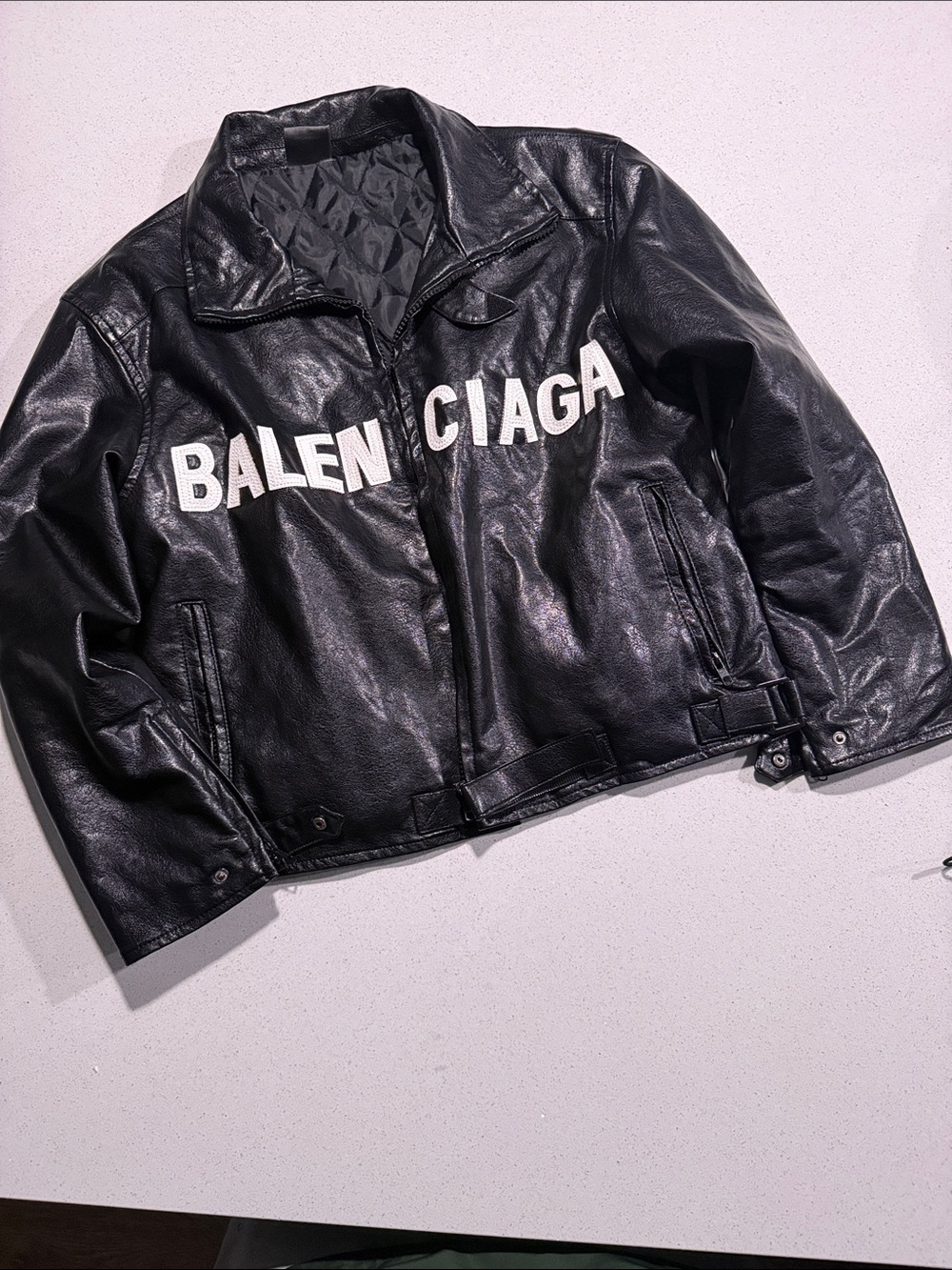 Rich Boy$ - Balenciaga Black Leather Bomber Jacket with White Logo